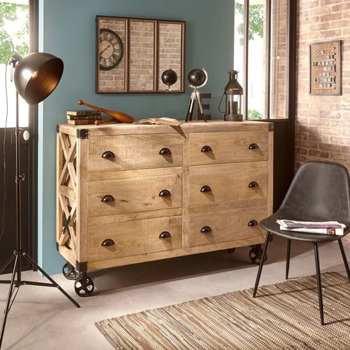 Komoda drewniana z szufladami Silas mango 150 cm do salonu rustykalna Atmosphera