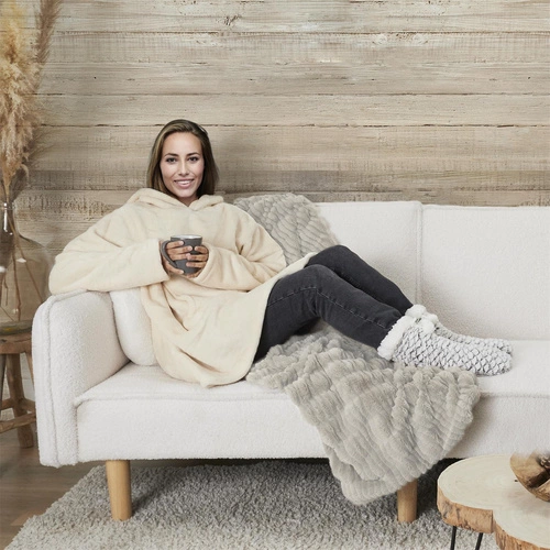 Bluzo koc z kapturem Intesi beżowy ciepły koc na kanapę do salonu 120x80 cm