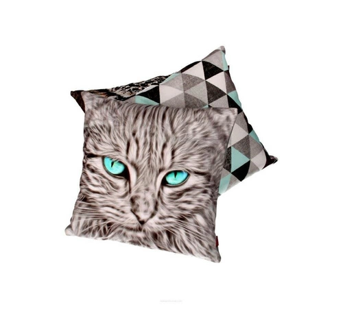 Poduszka dekoracyjna Mouton z nadrukiem kota welurowa antyalergiczna do salonu szara
