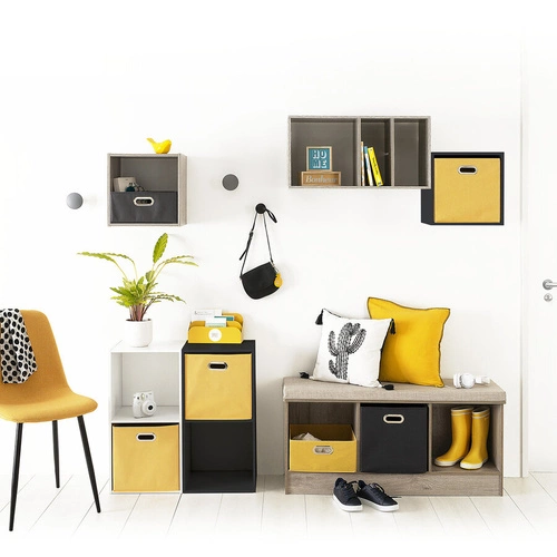 Ławka tapicerowana z półkami Kali naturalna skandynawska do przedpokoju i sypialni 105 cm