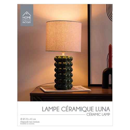 Lampka nocna Ramil ceramiczna zielona z beżowym abażurem do sypialni Intesi 40 cm