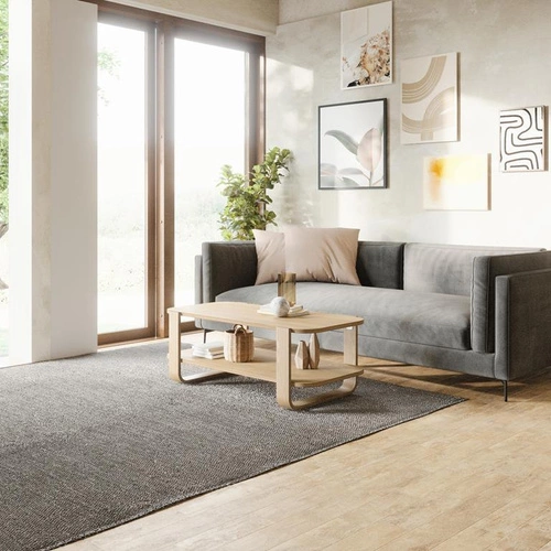 Stolik kawowy Bellwood drewniany prostokątny z półką w stylu skandynawskim do salonu