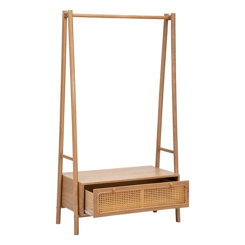 Wieszak stojący do przedpokoju Tiria Atmosphera z szufladą rattanową z drewna jesionowego