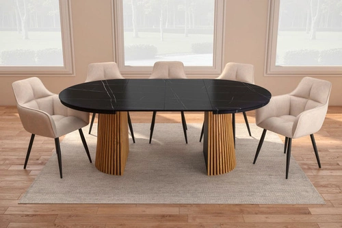 Stół okrągły rozkładany Kyoto 120-200 cm czarny marmur/dąb do jadalni nowoczesny Intesi