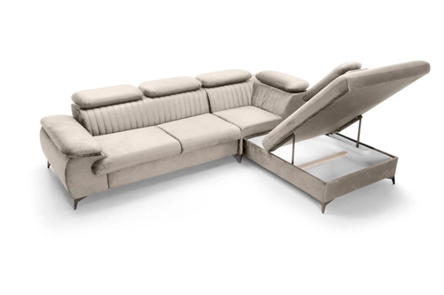 Narożnik z funkcją spania Lund L prawy beżowy nowoczesny do salonu z pojemnikiem