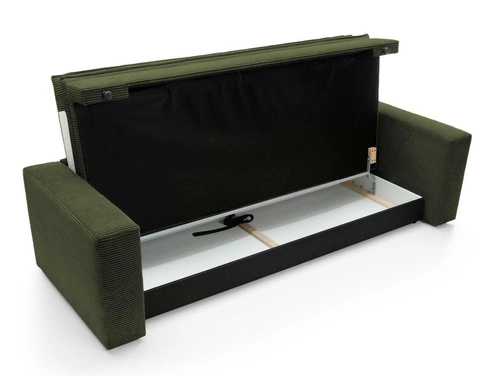 Sofa rozkładana z funkcją spania Ulnes 3 osobowa sztruksowa oliwkowa do salonu z pojemnikiem