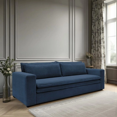 Sofa rozkładana z funkcją spania Ulnes 3-osobowa sztruksowa granatowa do salonu z pojemnikiem