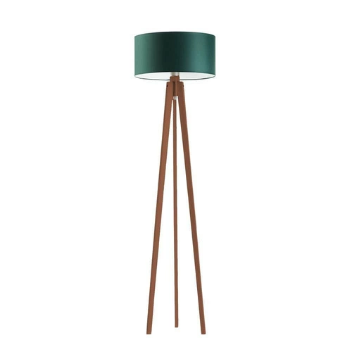 Lampa stojąca do salonu glamour Miami trójnóg z abażurem butelkowa zieleń drewno mahoń