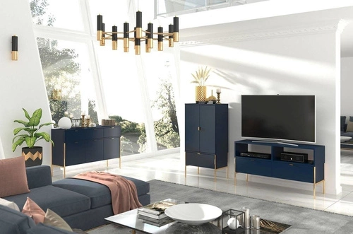 Komoda z szufladami Polka Navy Blue 120 cm glamour niebieska na złotych nóżkach do salonu