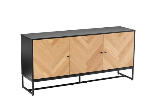 Komoda Clar 160 cm nowoczesna dąb i czarny z frontami w jodełkę na metalowych nogach do salonu