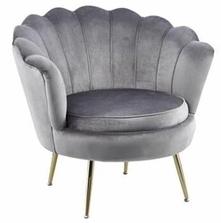 Fotel kubełkowy Korab VIC szary welur glamour do salonu z muszelkowym oparciem i złotymi nogami