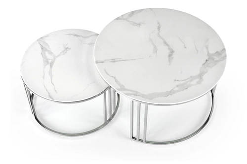 Zestaw 2 okrągłych stolików kawowych Yasmine szklanych glamour srebrno-białych do salonu