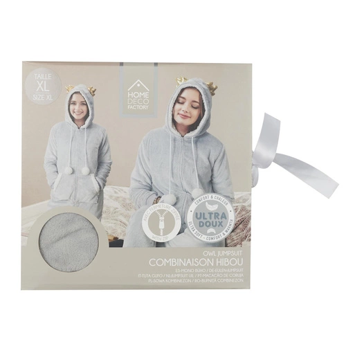 Ciepły bluzo koc z rękawami Sowa szary XL Intesi miękki kombinezon do domu