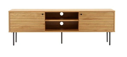 Szafka RTV drewniana Lattes dąb 150 cm nowoczesna z lamelami na wysokich nogach do salonu