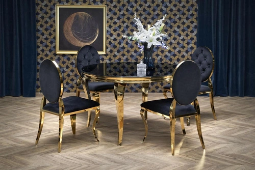Stół okrągły szklany Munya czarny i złoty 120 cm nowoczesny glamour do jadalni Intesi