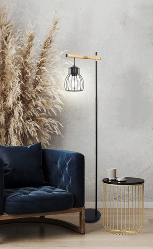 Bernita nowoczesna lampa podłogowa czarna metalowa z drewnem do salonu i sypialni CANDELLUX
