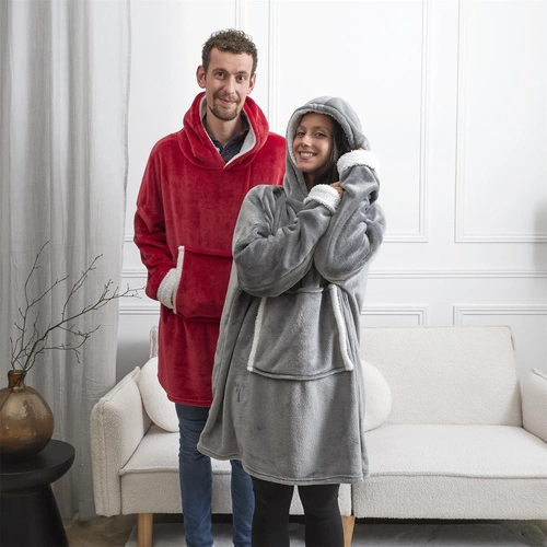 Intesi Snuddie bluzo koc z kapturem bordowy ciepły na kanapę do salonu