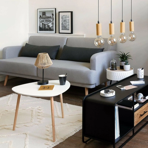 Stolik kawowy owalny Mileo M biały skandynawski z dębowymi nogami do salonu Atmosphera