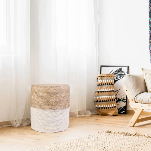 Pufa Bolsa okrągła boho pleciona naturalna i biała do salonu i sypialni Intesi 41 cm