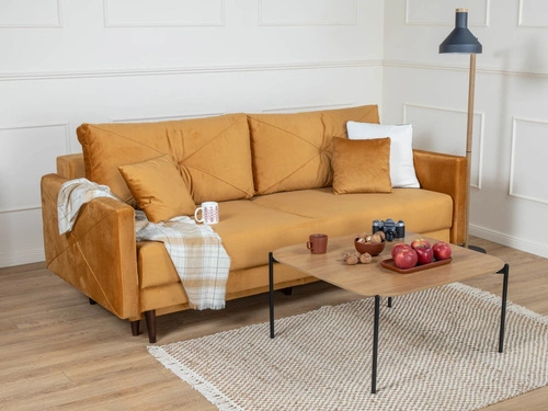 Sofa rozkładana z funkcją spania Saxo 2 osobowa do salonu nowoczesna żółta z pojemnikiem