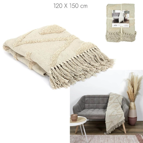 Koc bawełniany boho Bali beżowy 120x150 ciepły pled na kanapę lub do salonu