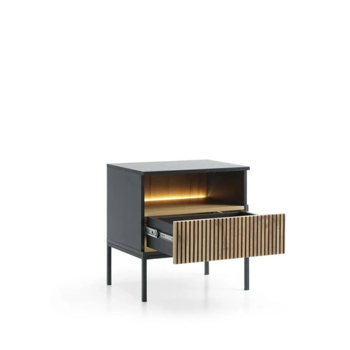 Szafka nocna Intesi Novel 54x39 cm, czarna/dąb wotan, industrialny styl z szufladą