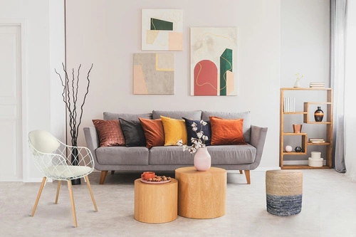 Pufa Bolsa okrągła pleciona boho do salonu i przedpokoju naturalno-niebieska Intesi 41 cm