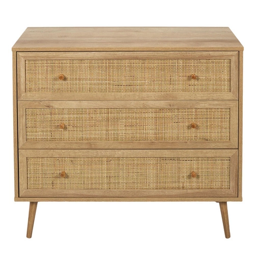 Komoda Bali boho z plecionym frontem, 3 szuflady, brązowa, komoda do salonu 90 cm Intesi