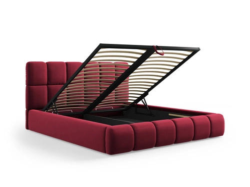 Łóżko tapicerowane Bellis czerwone welurowe 140x200 z pojemnikiem do sypialni glamour