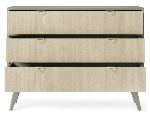 Komoda z szufladami Sage 106 cm w jodełkę szałwiowa glamour na nóżkach do salonu Intesi