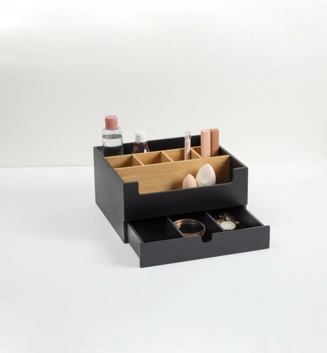 Organizer na kosmetyki bambusowy Natureo czarny z szufladą i przegródkami do łazienki 5five
