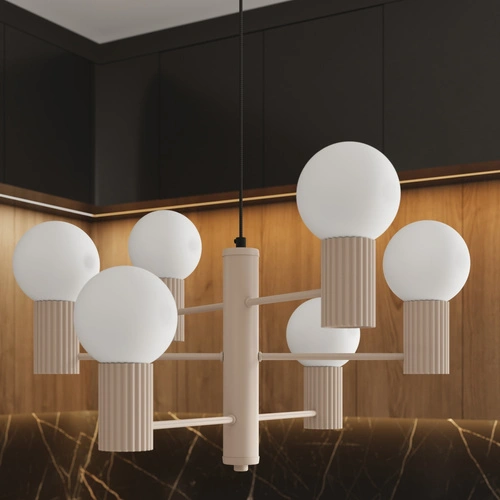 Nowoczesny żyrandol HALO 6 beżowy do salonu i jadalni z kulistymi kloszami szklanymi