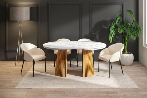 Stół rozkładany Kyoto okrągły 120/200 cm biały marmur dąb nowoczesny do jadalni i salonu