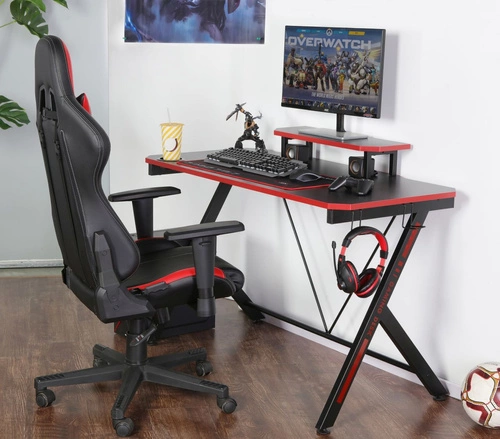 Biurko gamingowe Viktor czarne z nadstawką i uchwytem na kubek nowoczesne do pracy Intesi 120x60