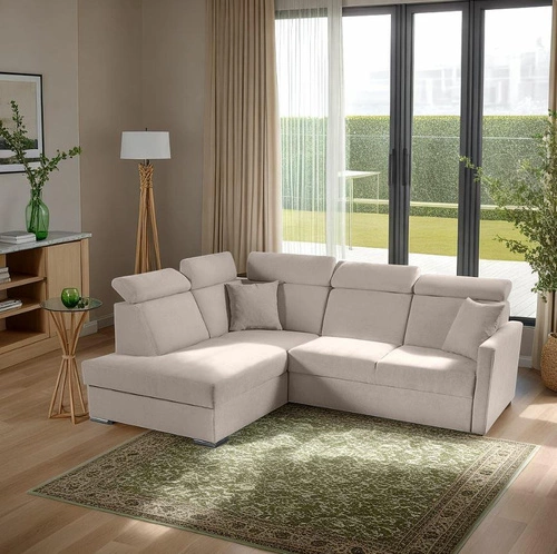 Narożnik z funkcją spania Mils XL beżowy nowoczesny do salonu pojemnik lewostronny