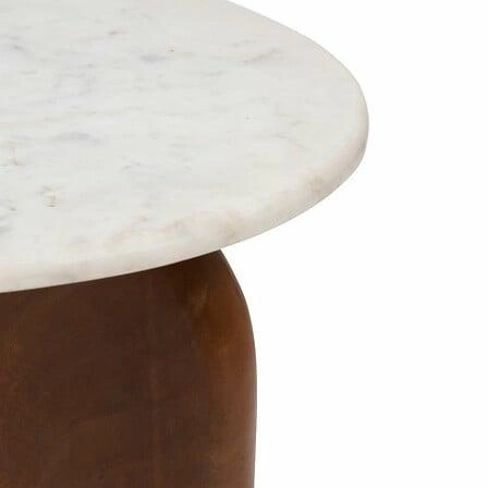 Stolik kawowy okrągły Nanda biały marmur i drewno mango nowoczesny do salonu