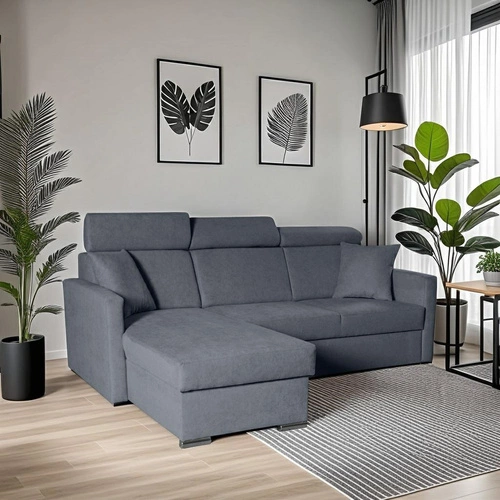 Nowoczesny narożnik z funkcją spania i pojemnikiem Mils do salonu szary granatowy