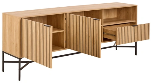 Komoda Jaipur nowoczesna ryflowana dąb bielony/czarny 180 cm do salonu