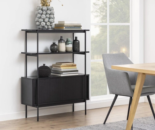 Regał metalowy z szafką Angus czarny industrialny do salonu i gabinetu Actona 94 cm