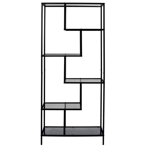 Regał na książki Edison czarny metalowy industrialny z półkami ze szkła do salonu 180 cm