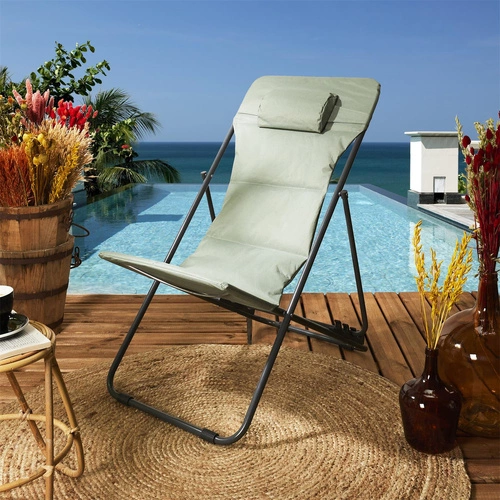 Leżak ogrodowy Grue khaki składany z regulacją oparcia metalowy nowoczesny na plażę Ventos