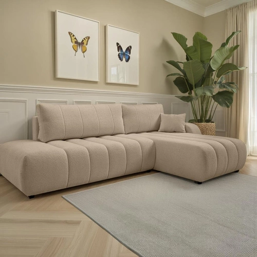 Narożnik z funkcją spania Hobro beżowy nowoczesny do salonu z pojemnikiem prawy