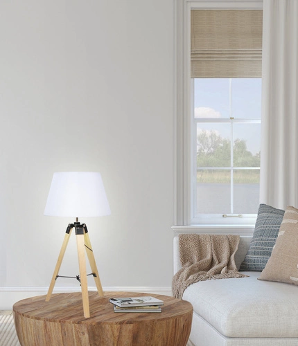 Lampka nocna do sypialni Lugano nowoczesna drewniana z abażurem biała Candellux 68 cm