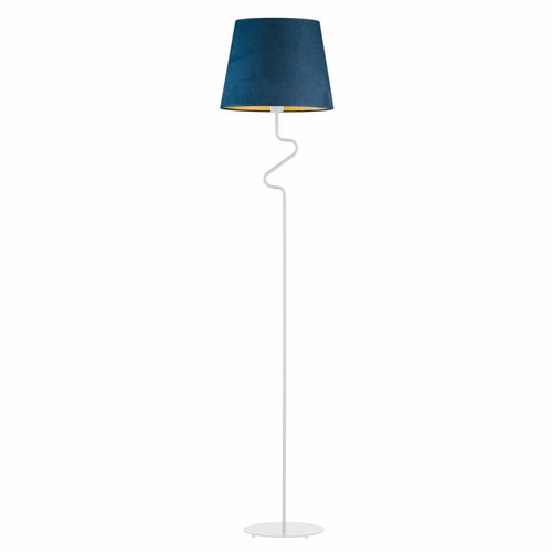 Lampa stojąca do salonu Fogo Gold niebieska welurowa glamour z abażurem Lysne 174 cm