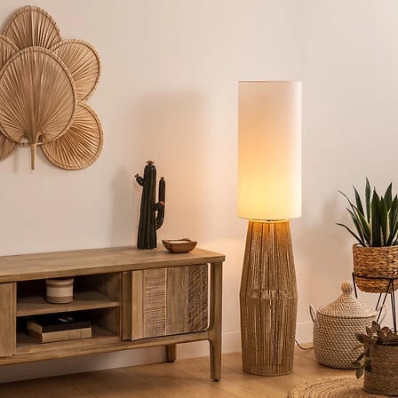 Lampa stojąca do salonu Aissa Atmosphera nowoczesna boho naturalna 130 cm biała