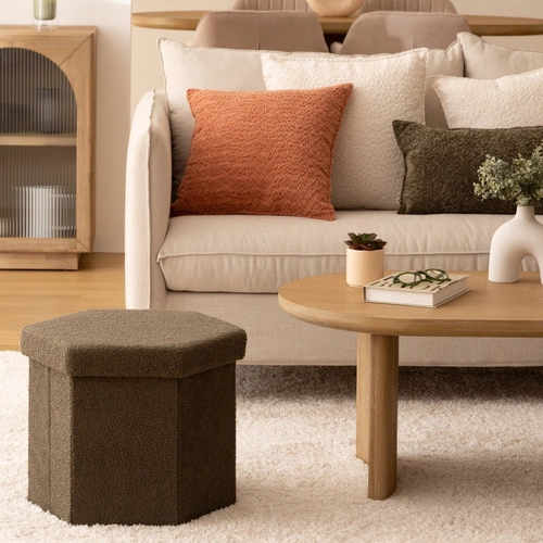 Pufa Jaiko boucle khaki ze schowkiem, składana, heksagonalna, do salonu, nowoczesna Atmosphera