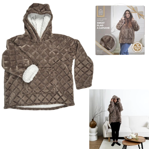 Bluzo koc z kapturem Intesi brązowy ciepły koc do salonu i sypialni