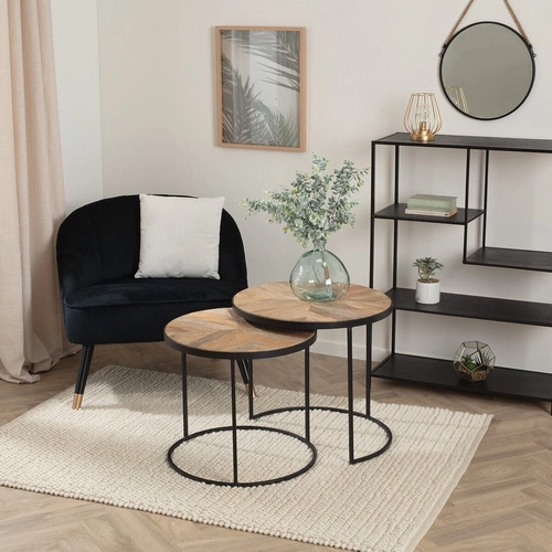 Zestaw 2 okrągłych stolików kawowych Basile do salonu, loftowy, drewno mango i czarny metal