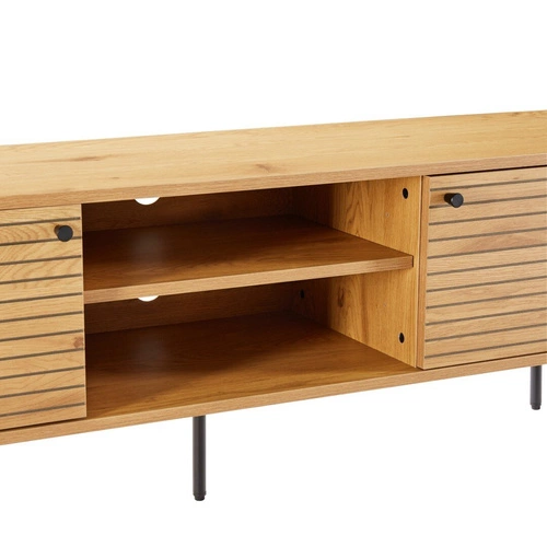 Szafka RTV drewniana Lattes dąb 150 cm nowoczesna z lamelami na wysokich nogach do salonu