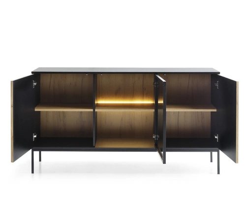 Komoda Novel 154 cm dąb wotan czarna z oświetleniem LED nowoczesna do salonu na nóżkach